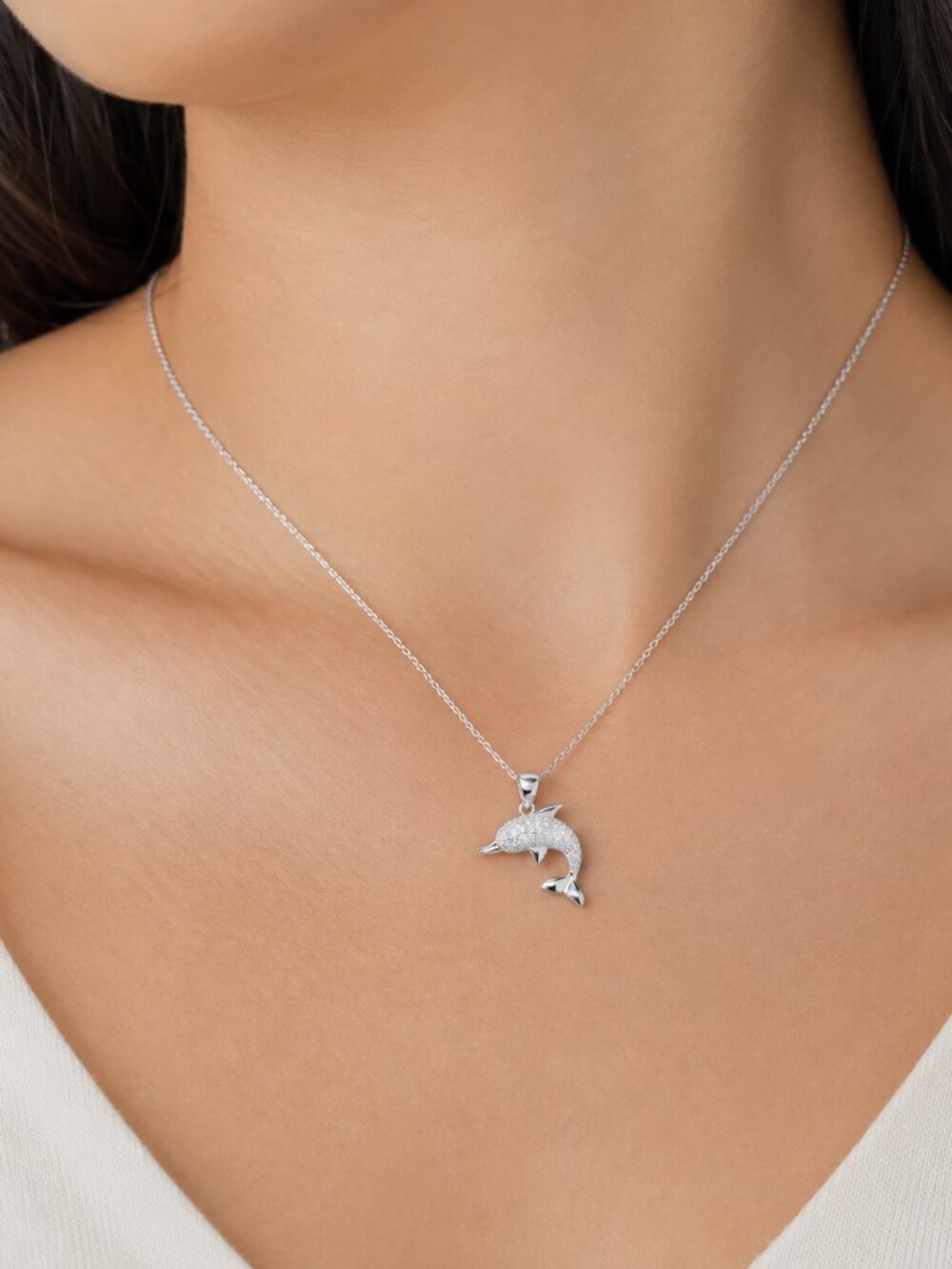 925 Sterling Silver CZ Dolphin Necklace Charm Pendant Sparkle with Chain